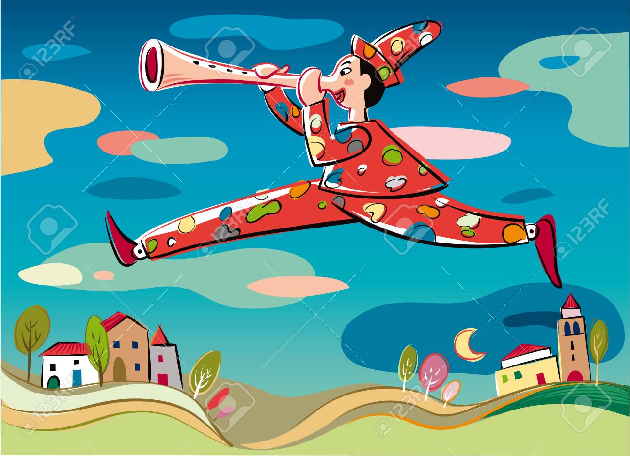 83253564-pinocchio-il-burattino-con-un-balzo-che-sorvola-un-villaggio-giocando-il-naso-come-un-flauto--Archivio-Fotografico